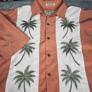 Bamboo Cay Shirt Mens Medium Orange Palm Tree Embroidered Hawaiian Camp Aloha